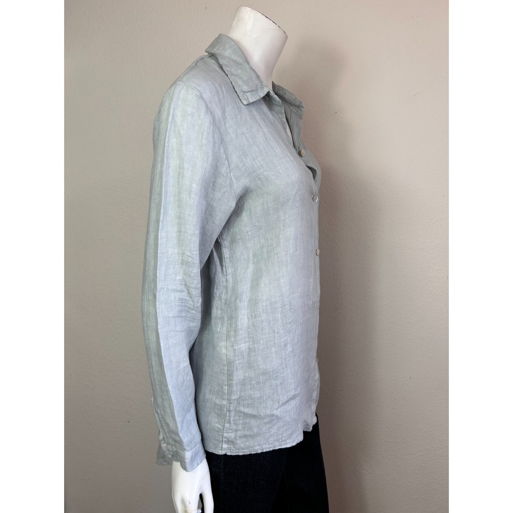 Angela Mara Linen Button Up Top Crochet Back Roll Tab Sleeve Grey Size Large - Picture 7 of 8